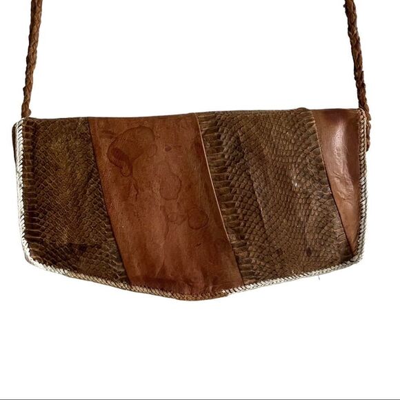 Vintage Handmade Brown Leather Snakeskin Shoulder Crossbody Clutch Purse Bag - Picture 9 of 14